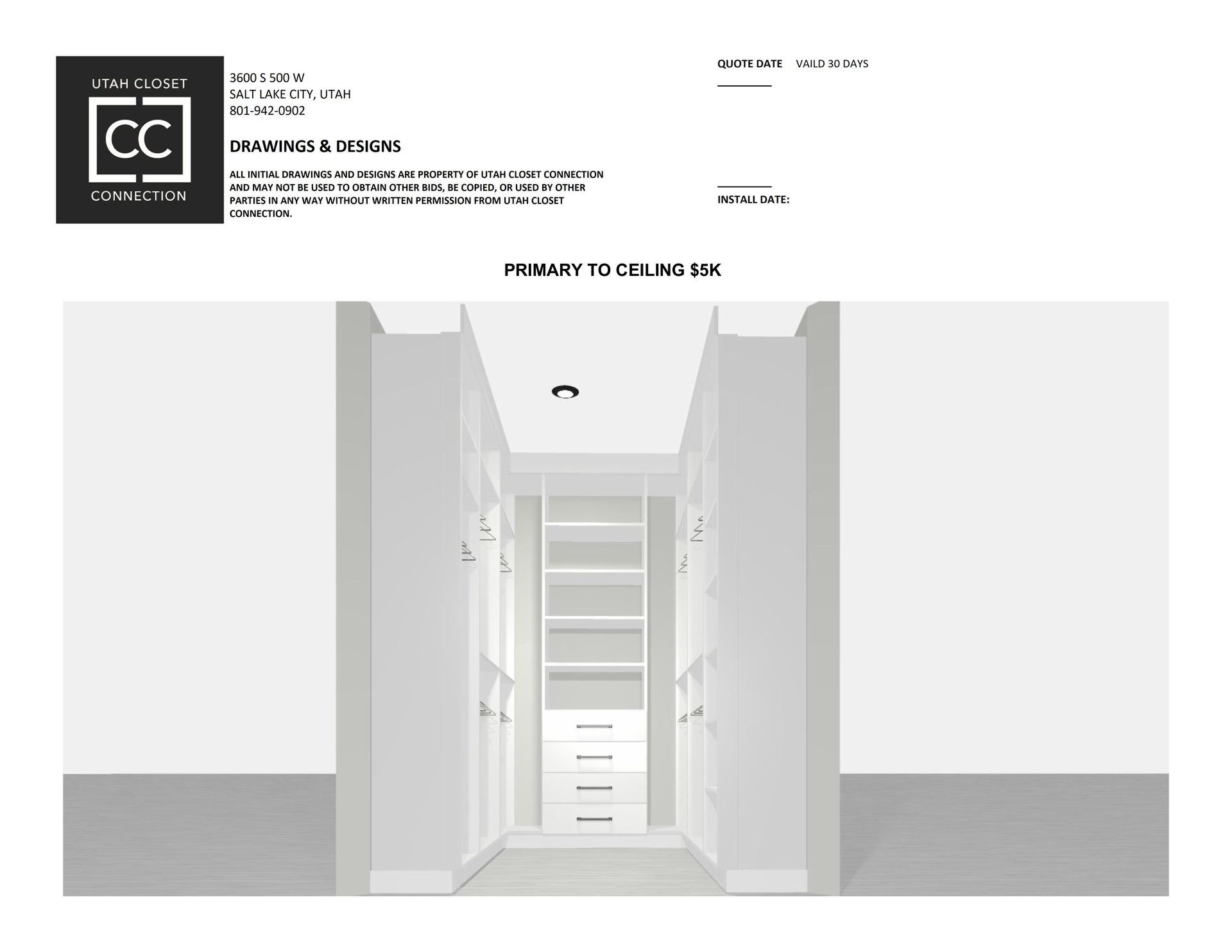 Perspective drawing of a white walk-in closet with shelves, drawers, and hanging space.