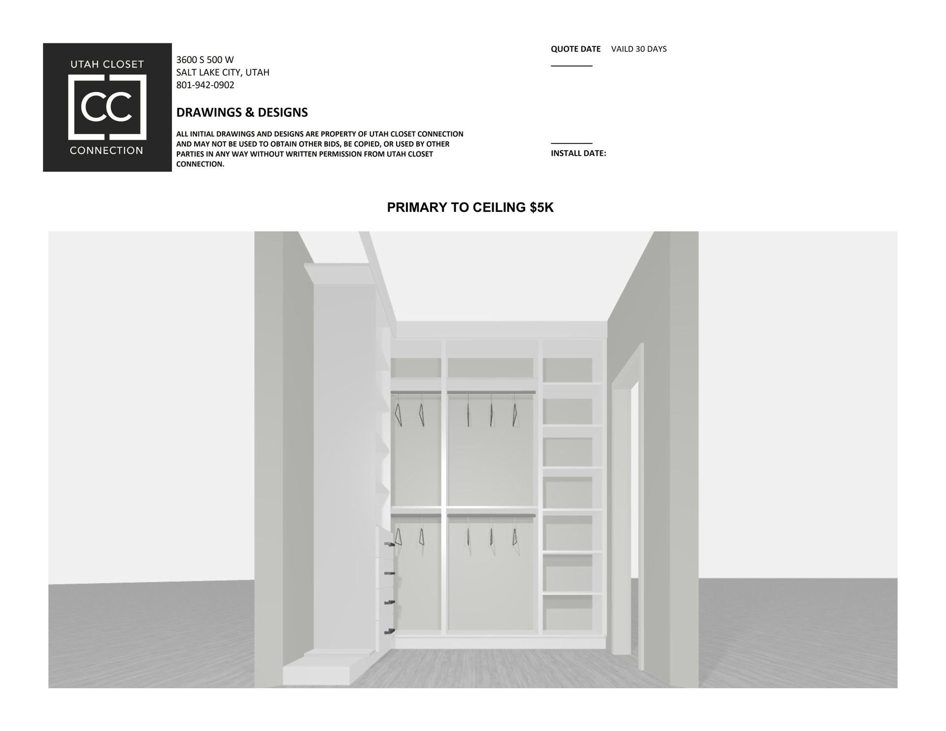 3D rendering of a walk-in closet with shelves and hanging rods, interior view.