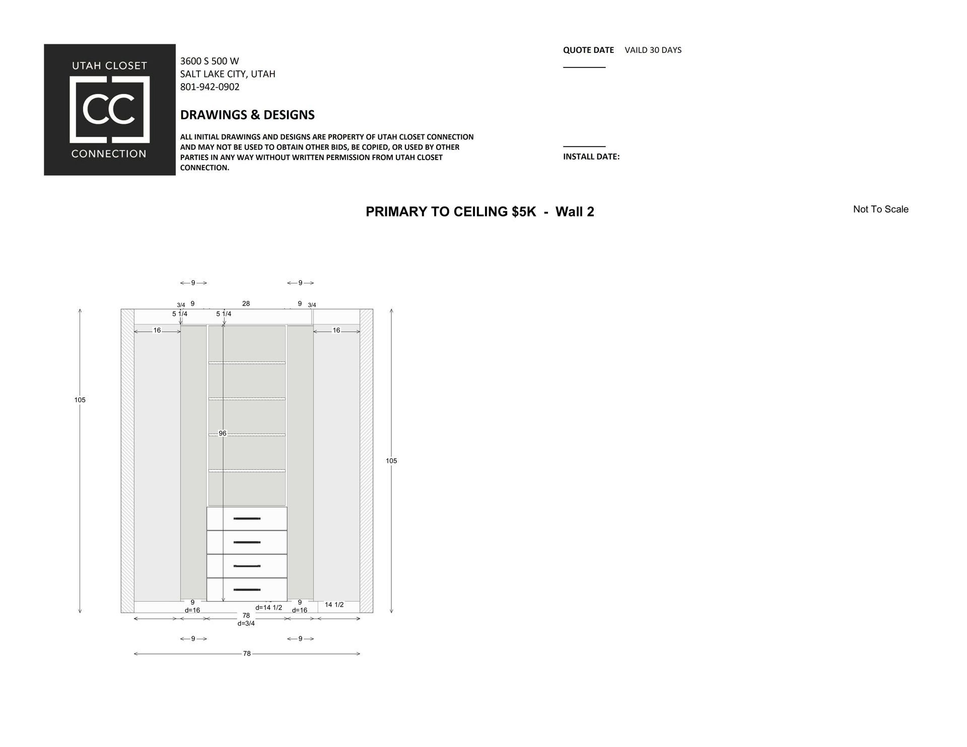 Wardrobe design plan with dimensions, shelves and drawers.