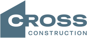 Logo for Cross Construction, with a blue building outline and text.