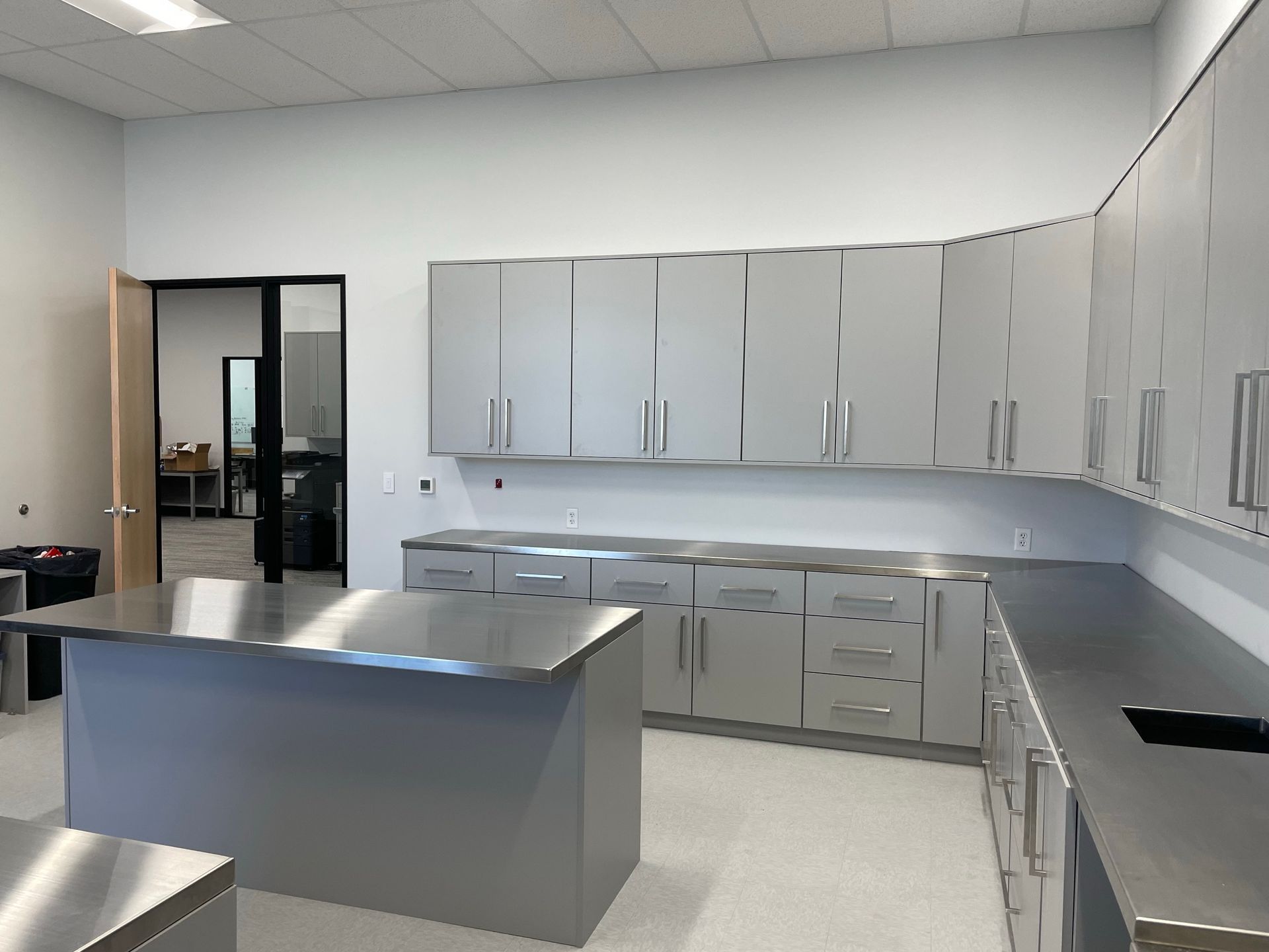 Modern lab kitchen with gray cabinets, stainless steel counters, and an island.