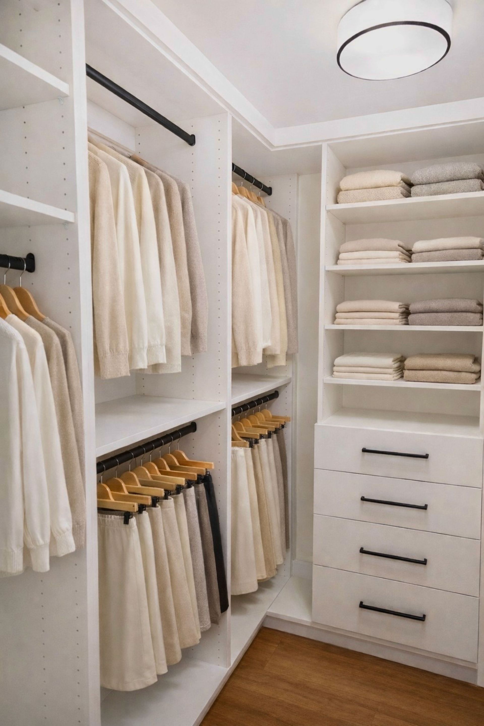 Walk-in closet with white shelves and drawers, beige clothing hanging. Wooden floors, a circular light fixture.