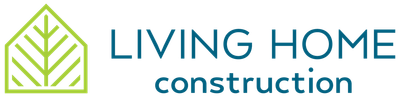Logo for Living Home Construction: a green house with a leaf design, blue text.