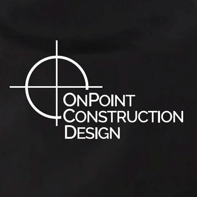 Logo for OnPoint Construction Design: White crosshair and circle with company name on black background.