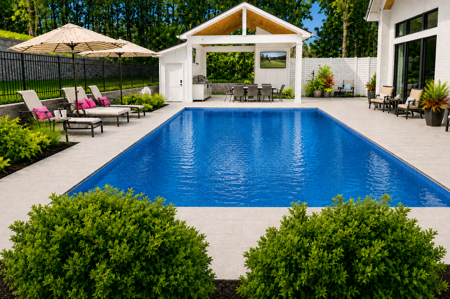Modern backyard pool with blue water, lounge chairs, umbrellas, and a white patio pavilion