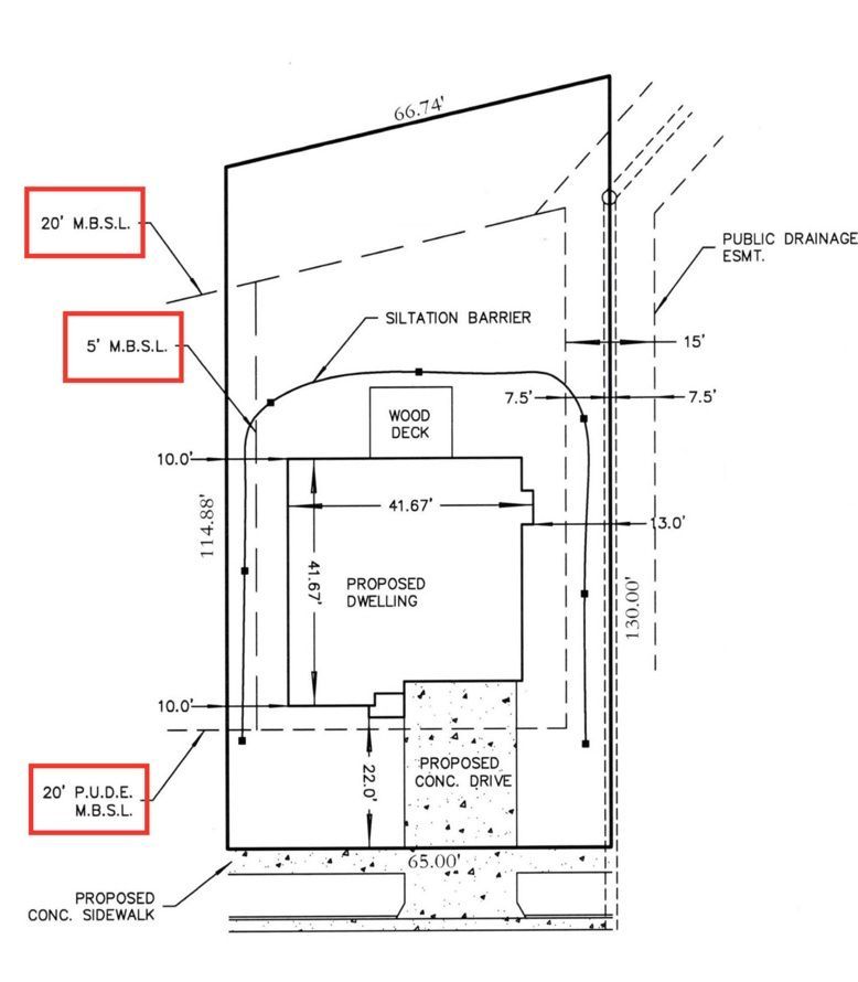 Site plan with contour lines, proposed driveway and deck, and elevation markings.