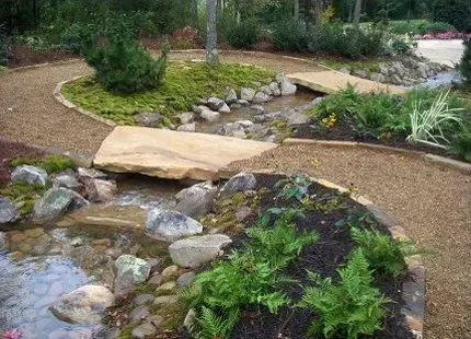 A landscaped garden with a stream, gravel pathways, rock bridges, and various green plants.