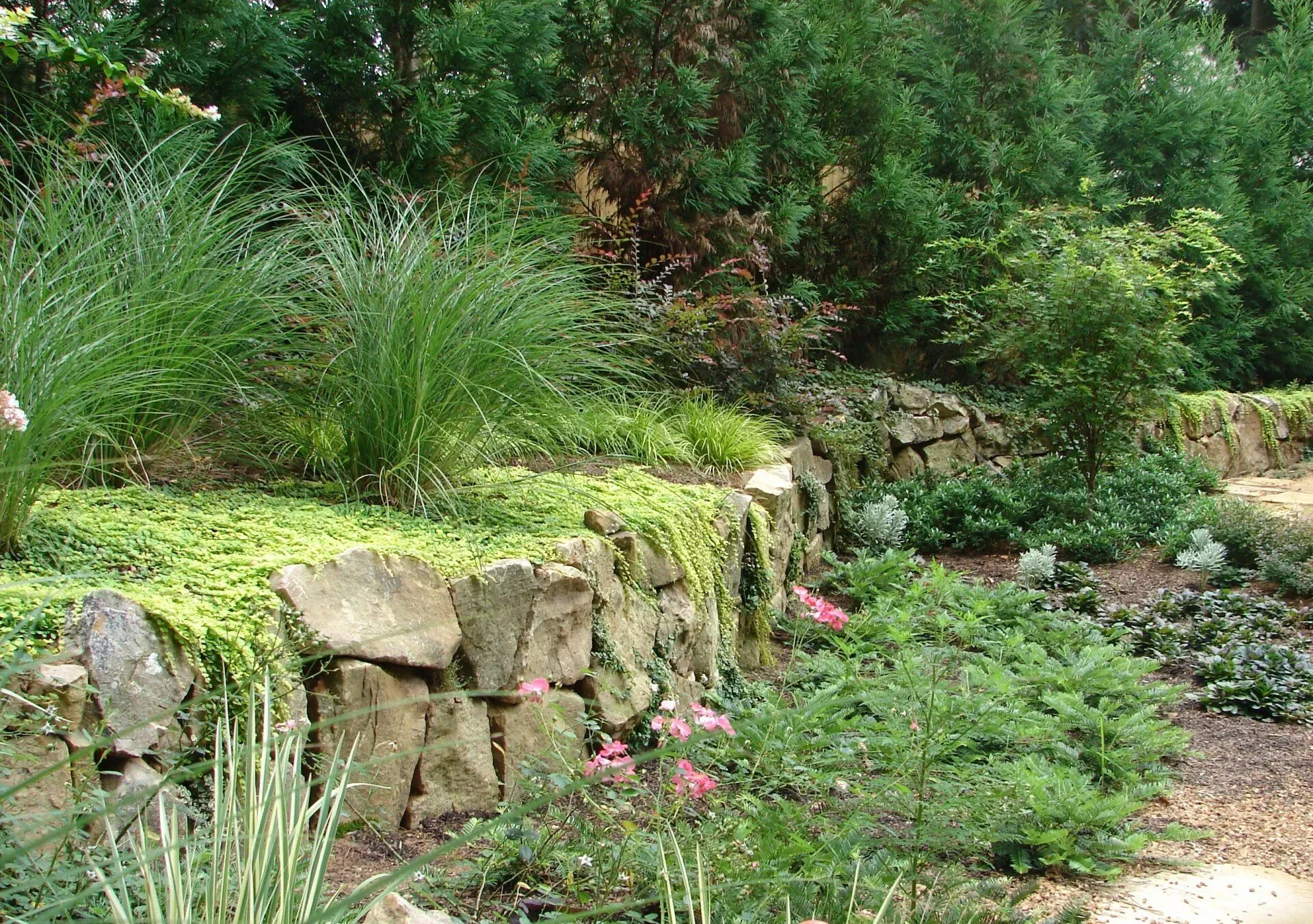 Stone retaining wall with lush greenery and flowers in a garden setting.