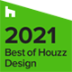 Green Houzz 2021 Best of Design award badge with a white house icon and black text.