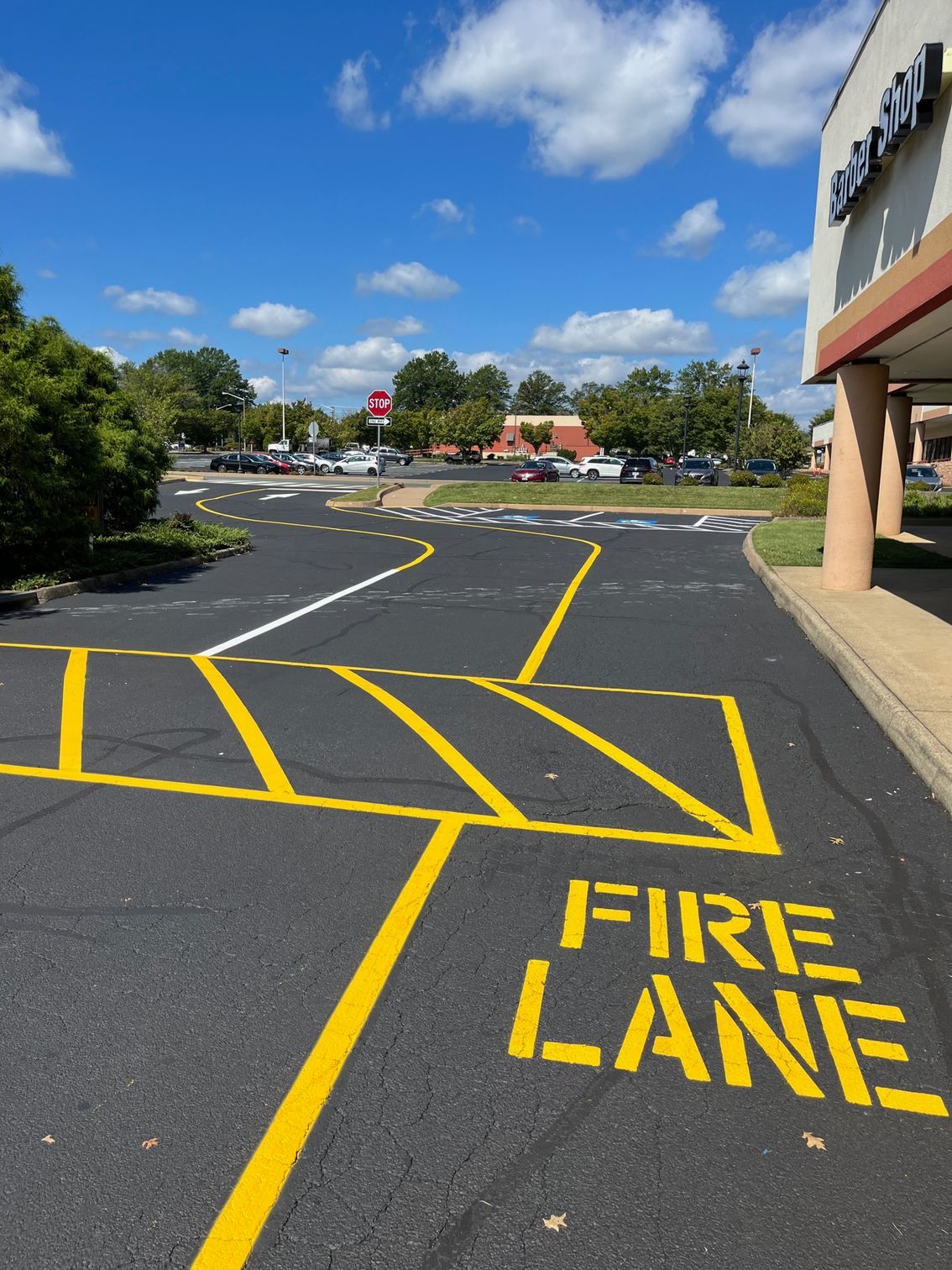 a fire lane is painted on the side of the road