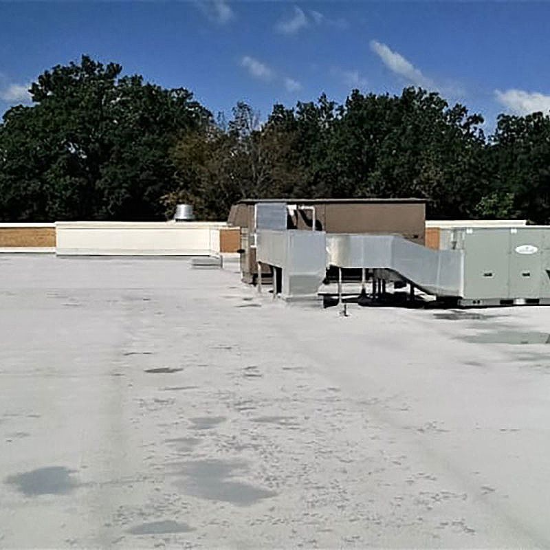 The roof of a building with a lot of trees in the background.