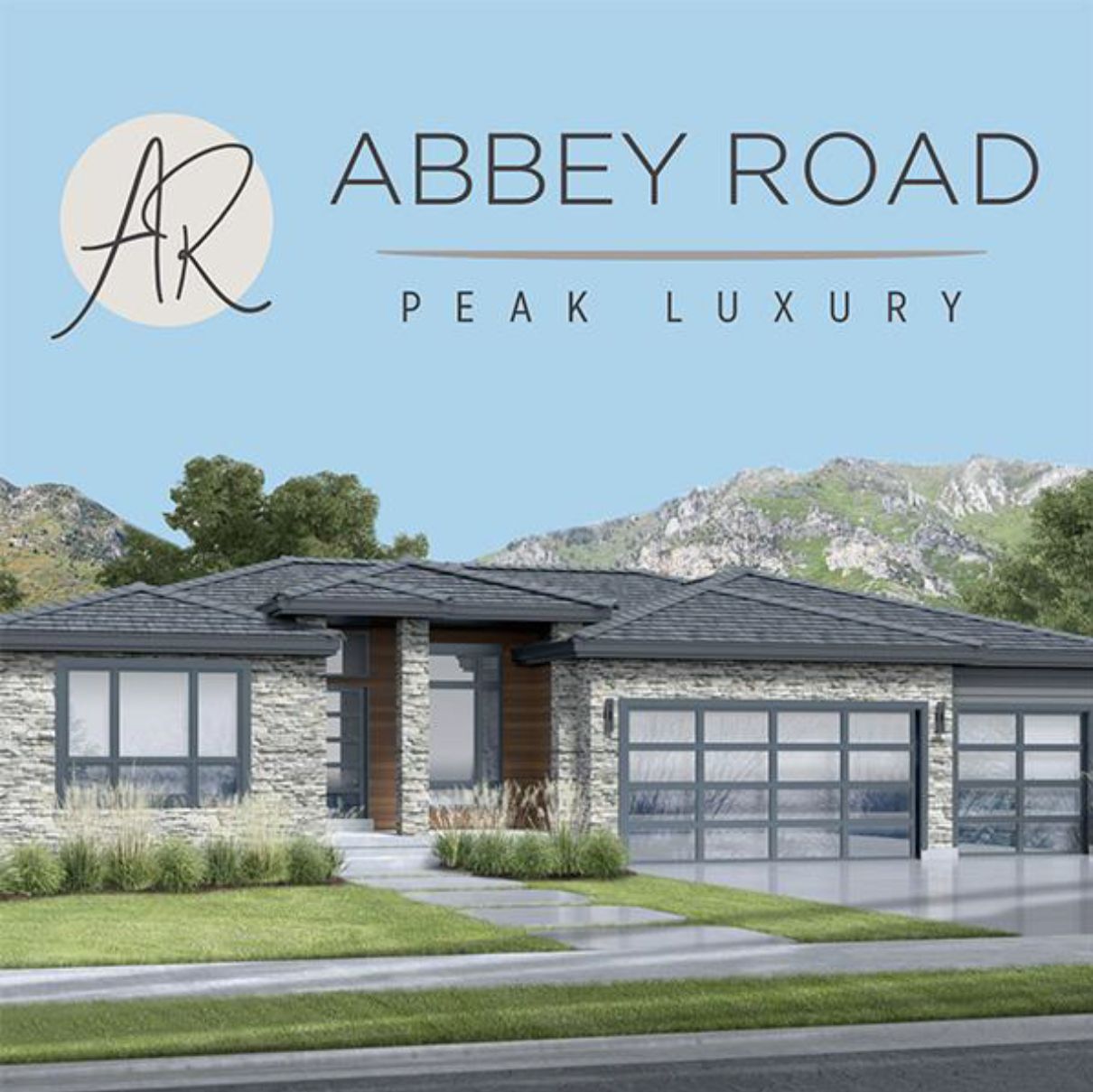 An ad for abbey road peak luxury shows a house with mountains in the background