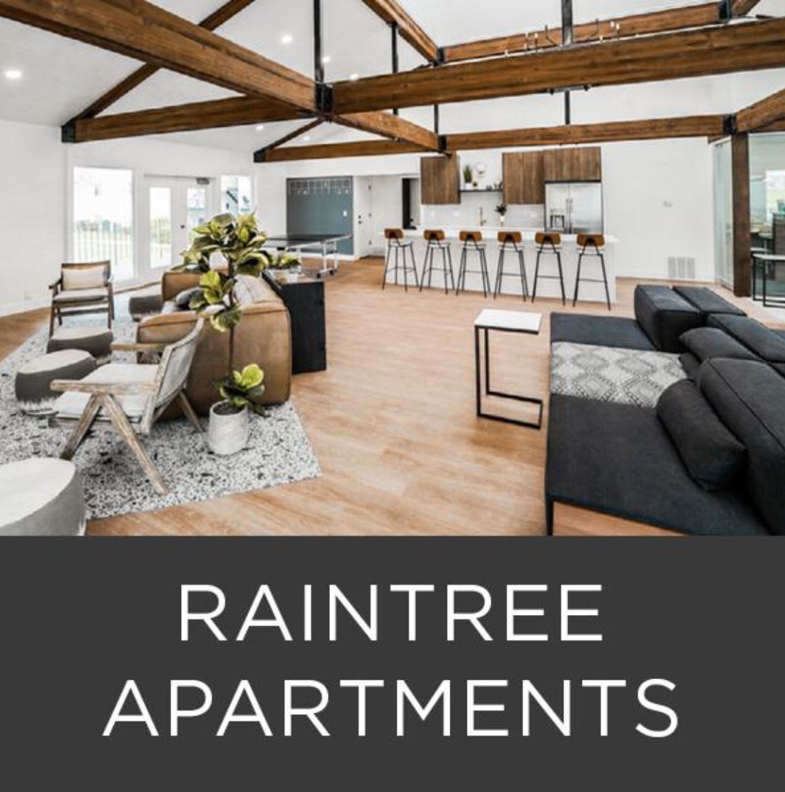 A picture of a living room with the words raintree apartments below it