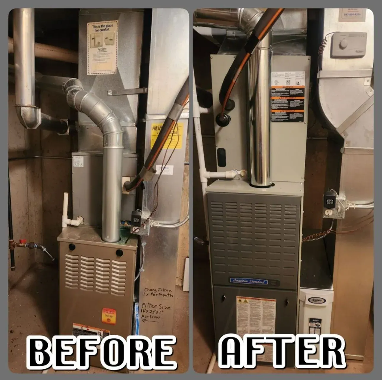 Furnace before and after replacement. Old, silver one replaced with a new, dark-gray furnace in a basement.