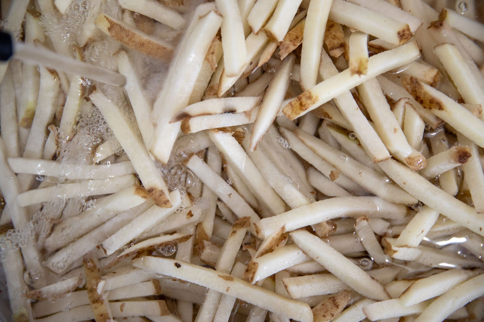French fries are being cooked in a pot of water