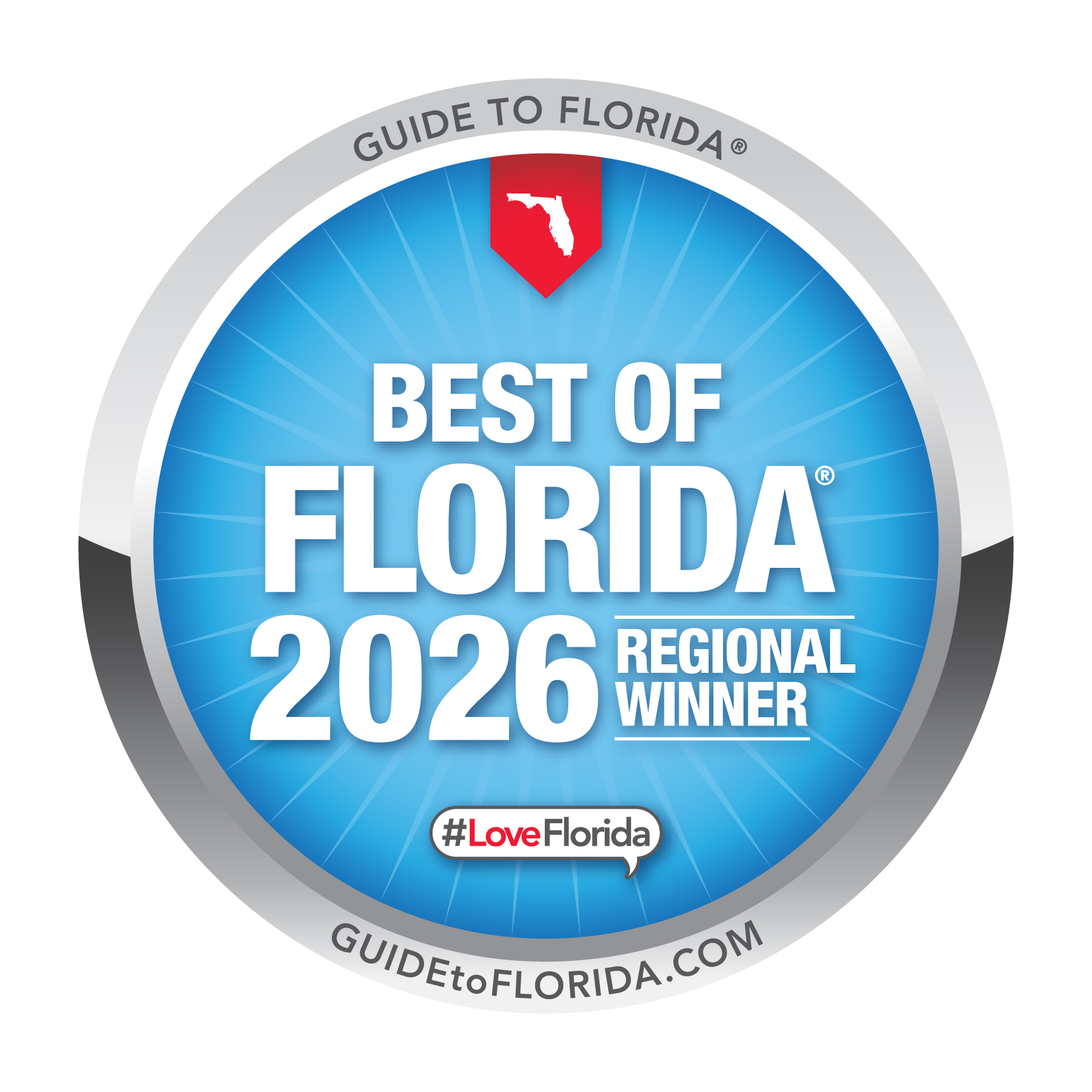 Blue “Best of Florida 2026 Regional Winner” badge with Florida icon and #LoveFlorida label