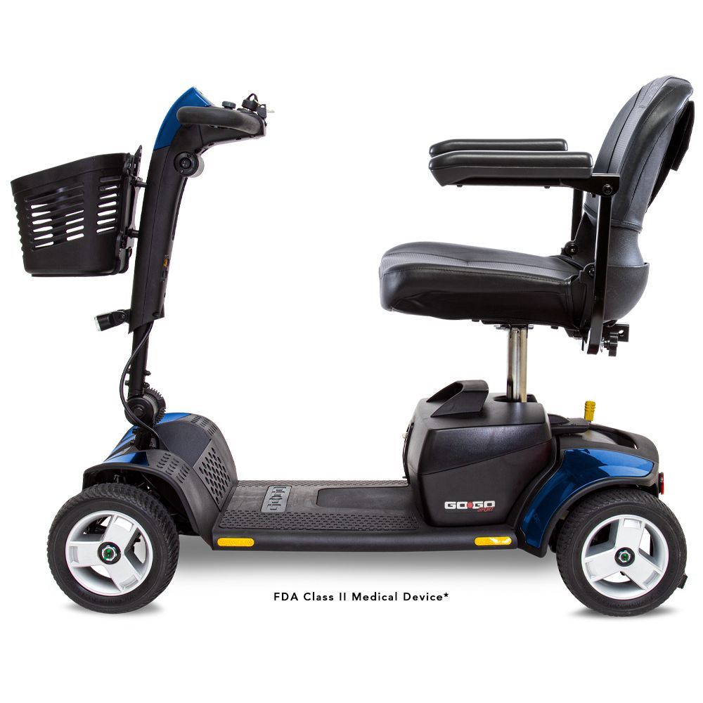 A blue and black mobility scooter with a basket on the front.