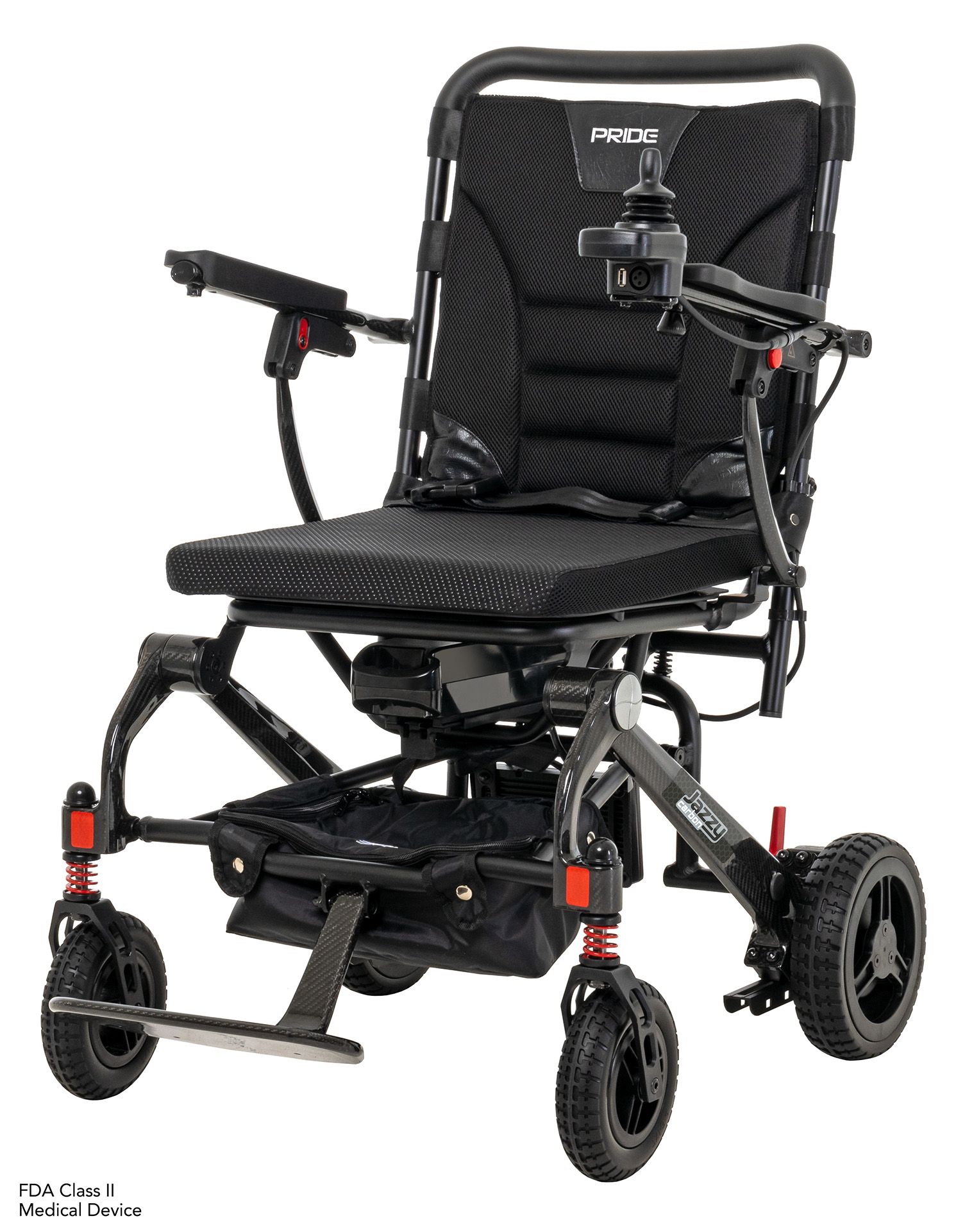 A black electric wheelchair is sitting on a white background.