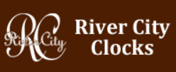 River City Clocks logo on a brown background with white text and monogram