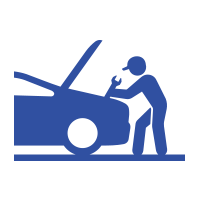 Mechanic working on a car with the hood up, using a wrench. Blue icon.