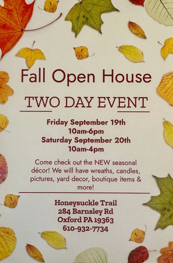 An advertisement for a Fall open house showing scattered leaves and autumnal colors