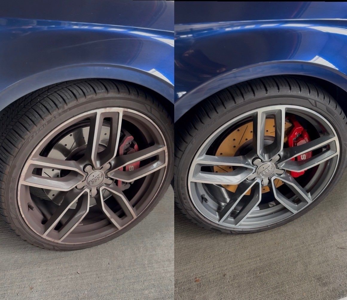 Car wheel cleaning comparison: Before and after, showing a dirty wheel being cleaned to a shiny silver.