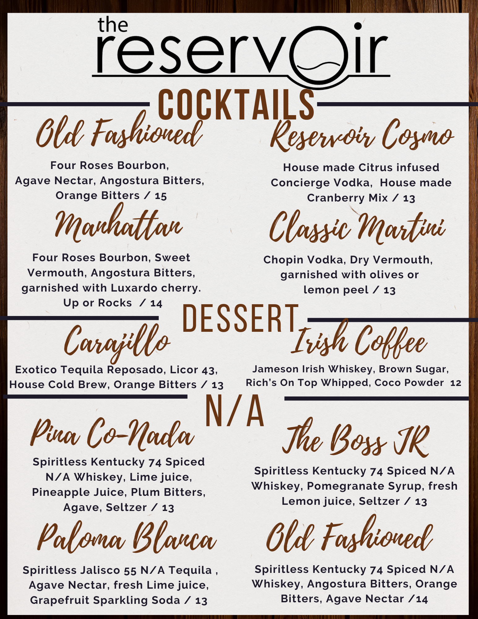 Cocktails Reservoir Signatures Menu