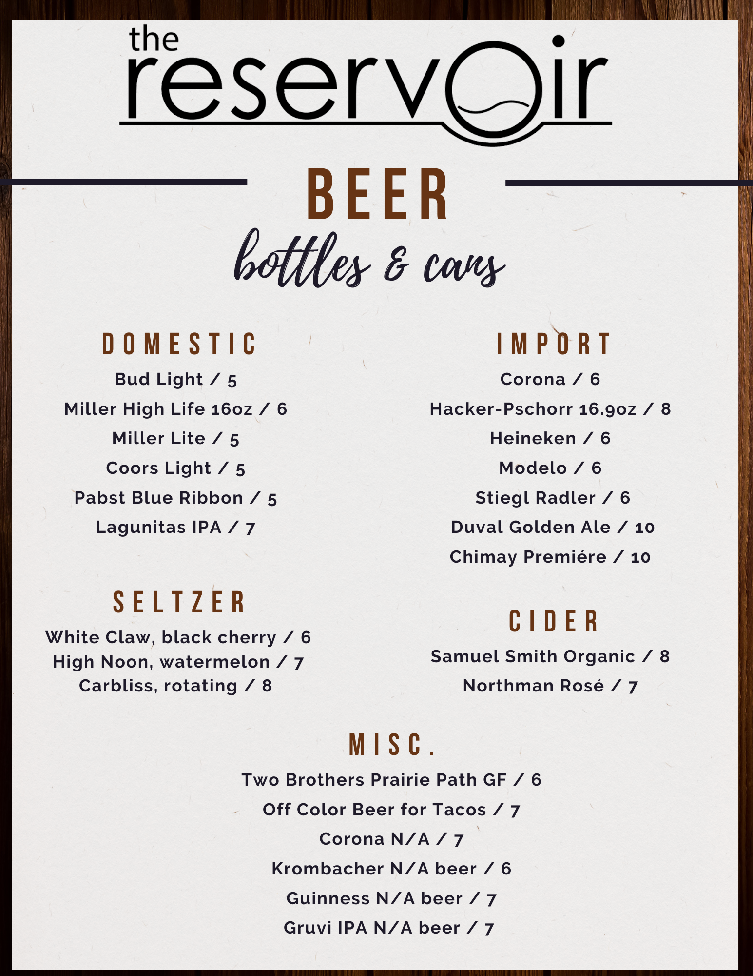 Spirits Menu