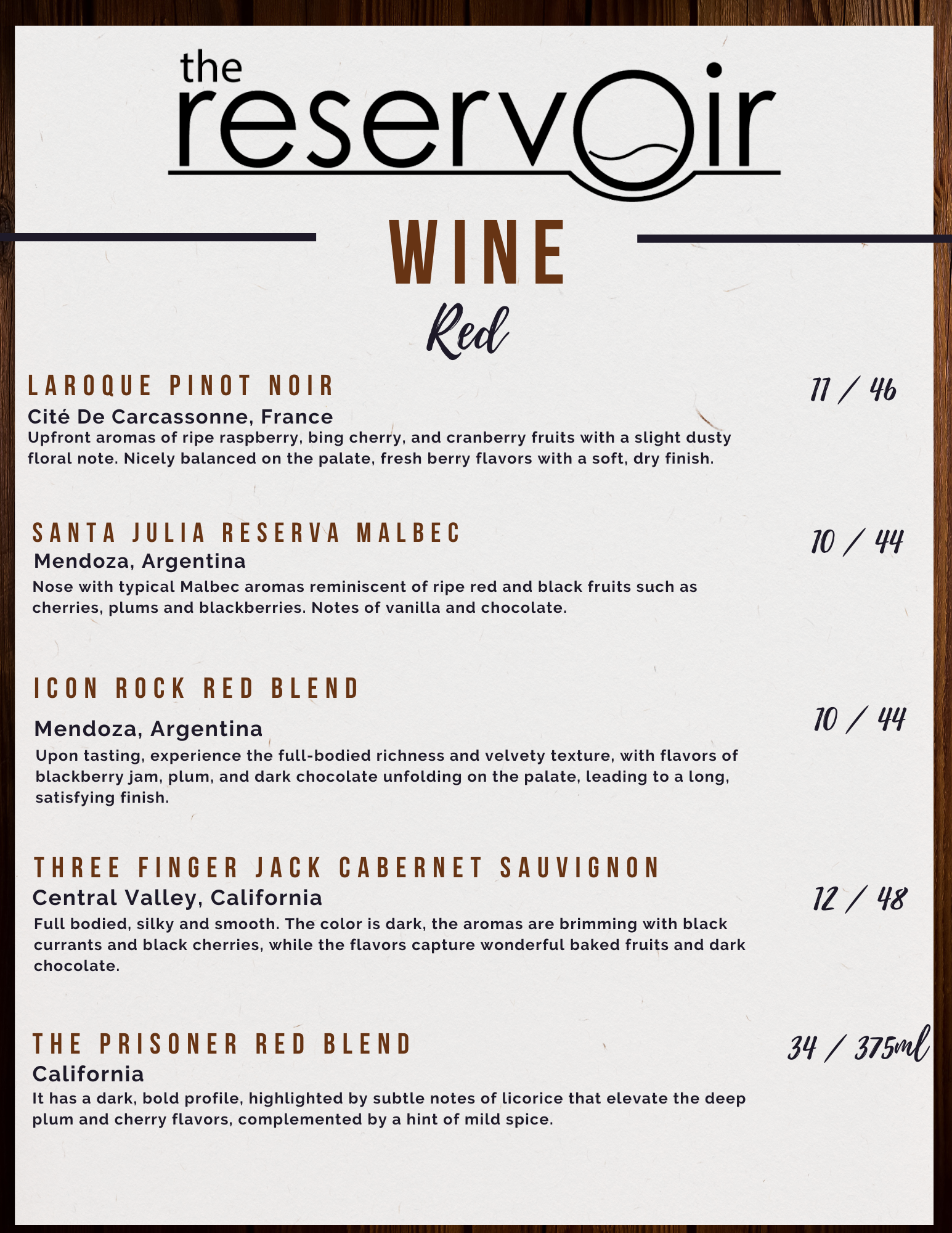 Red Wine Menu