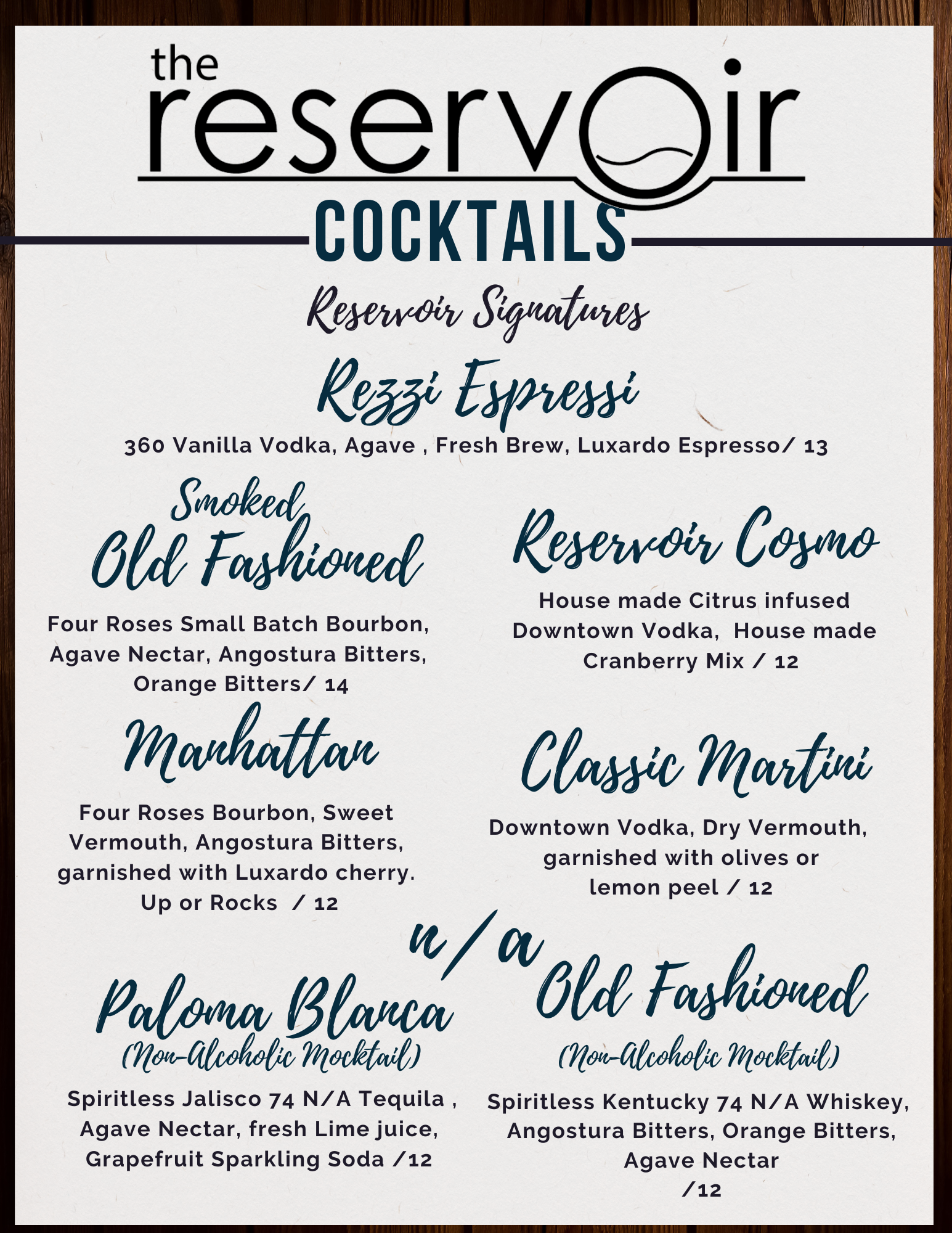 Cocktails Reservoir Signatures Menu