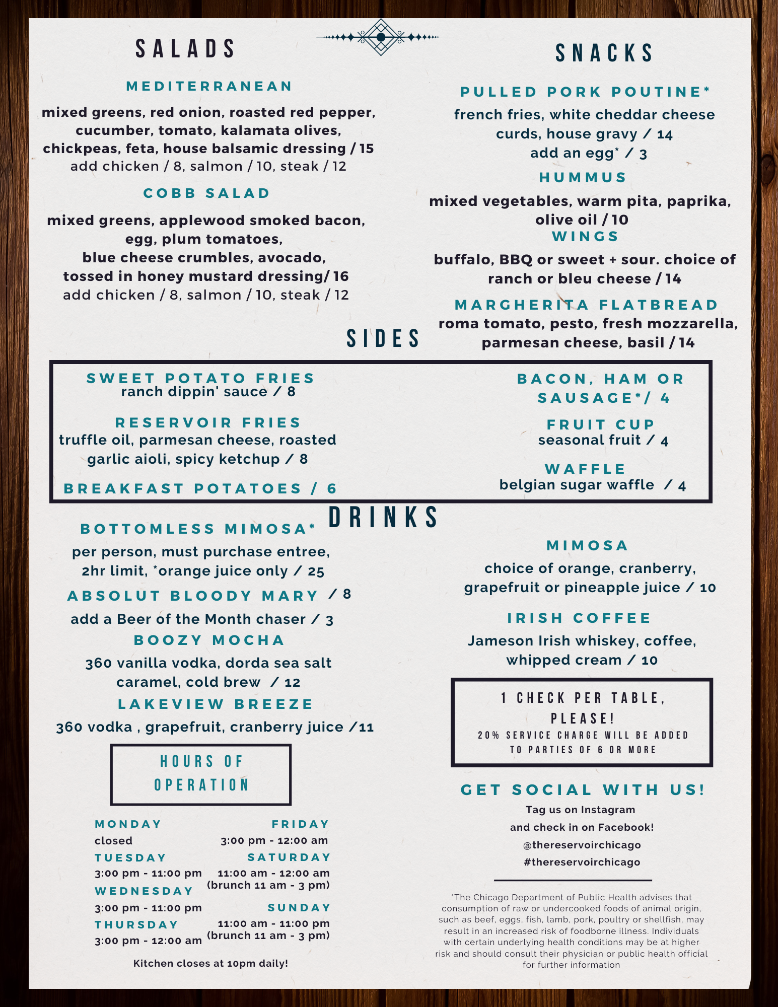 The Reservoir Brunch Menu