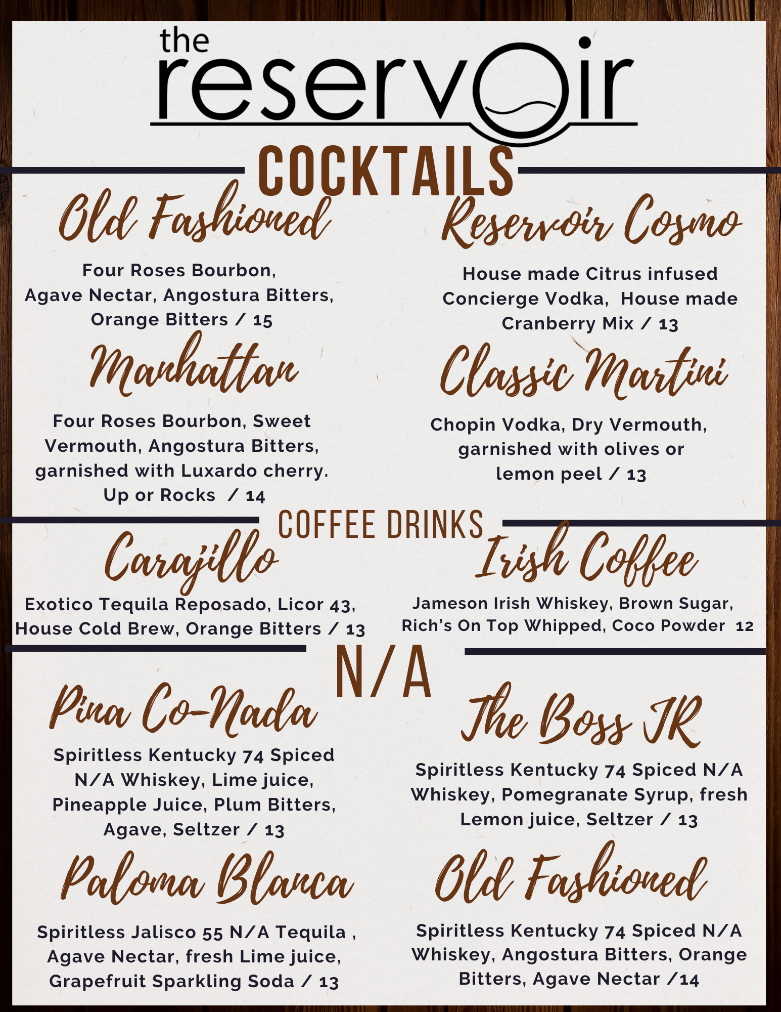Cocktails Reservoir Signatures Menu