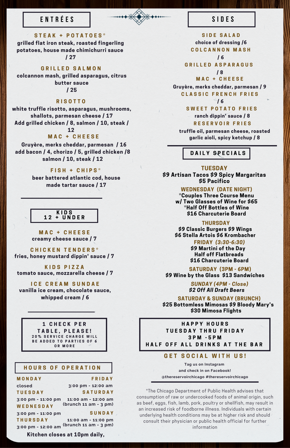 The Reservoir Dinner Menu