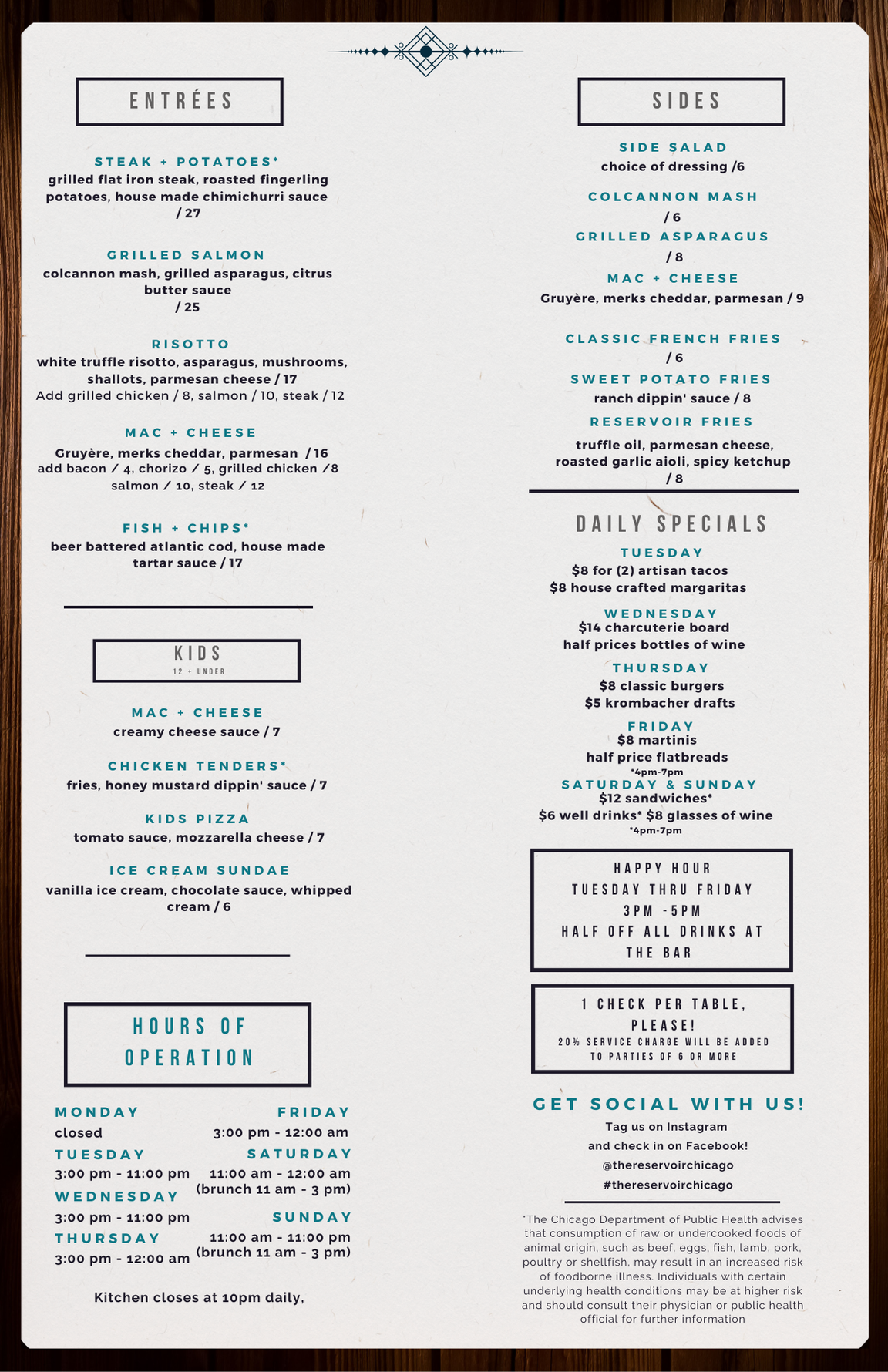 The Reservoir Dinner Menu