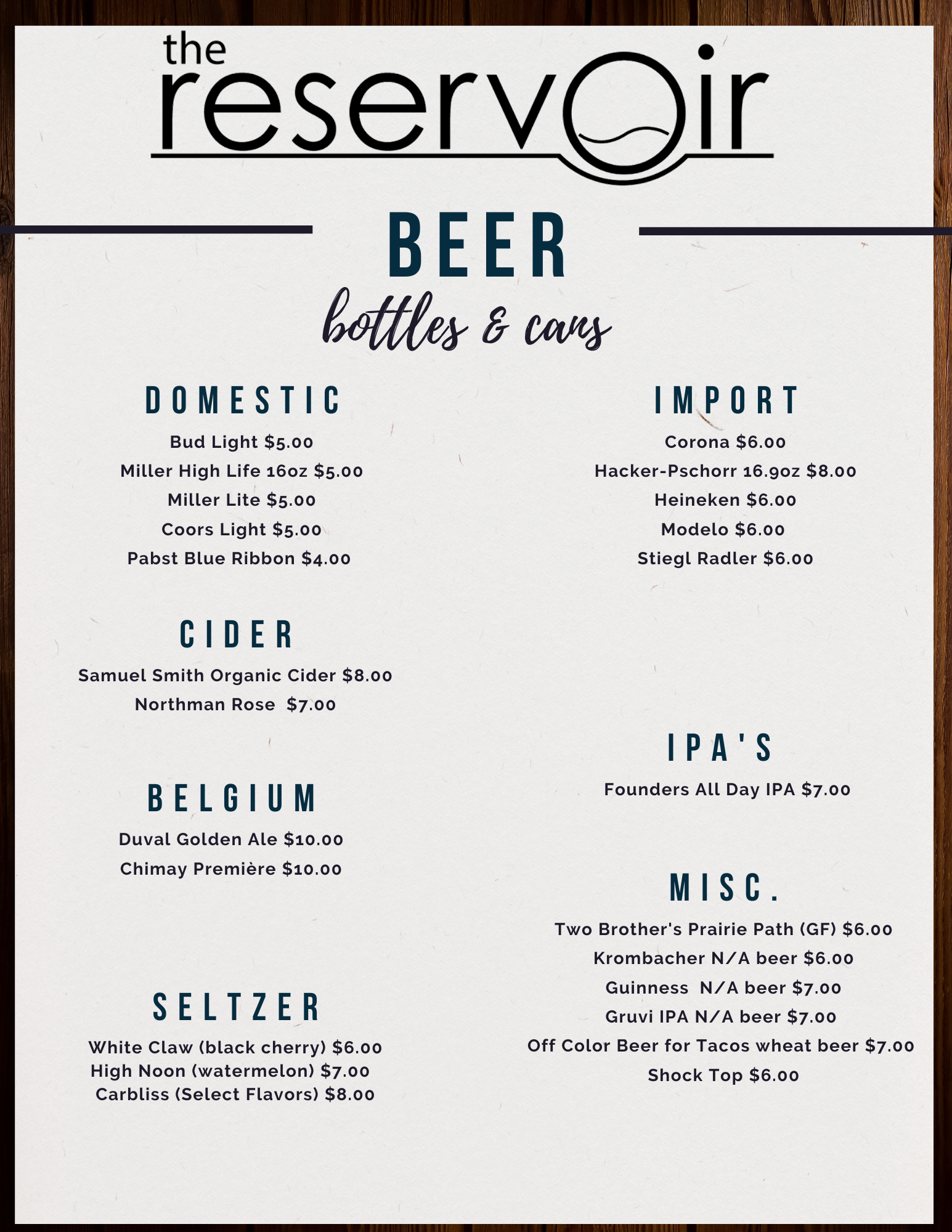 Beer Bottles and Cans Menu