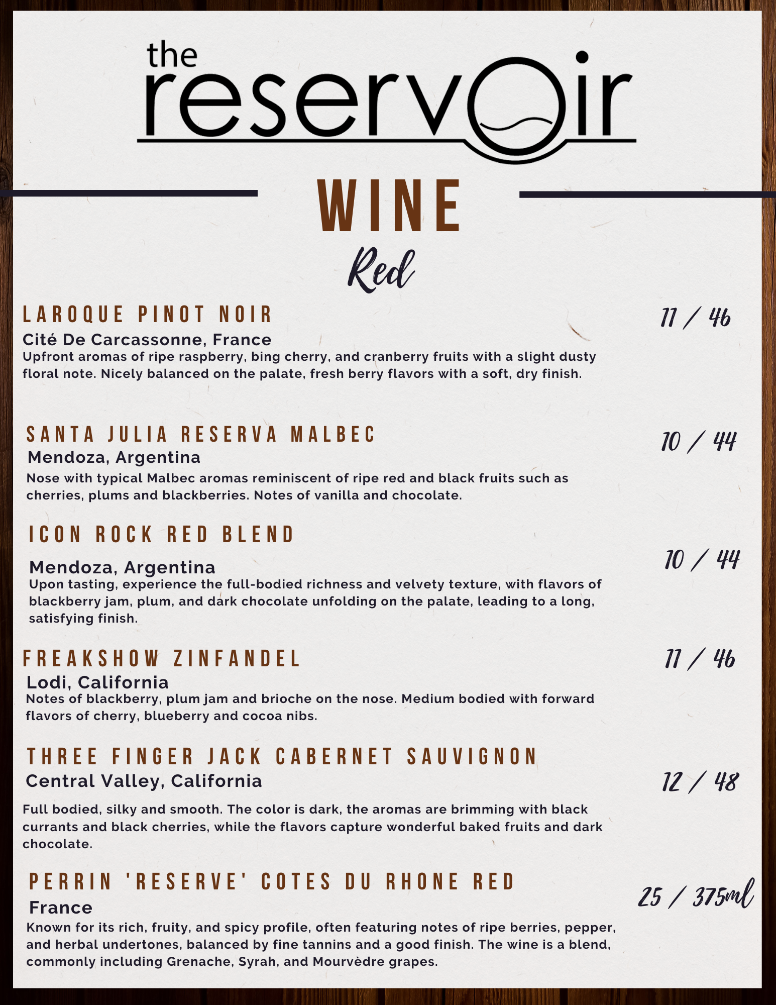 Red Wine Menu