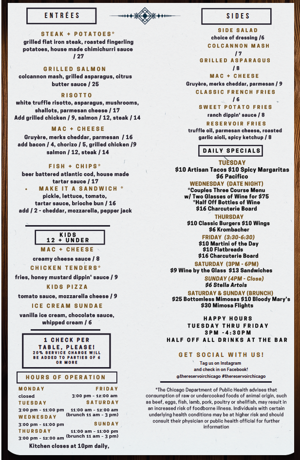 The Reservoir Dinner Menu