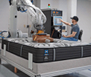 A man is sitting on a Sealy mattress next to a robotic arm.