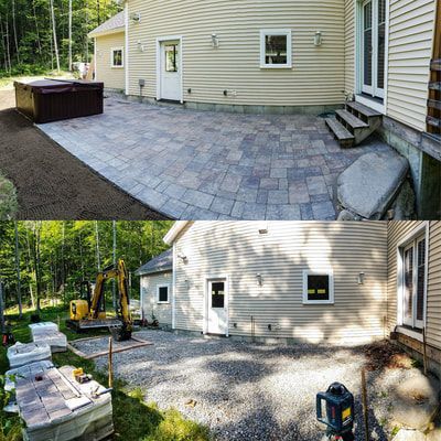 Before and after photos of a backyard project showing a transition from a gravel site with an excavator to a paved patio.