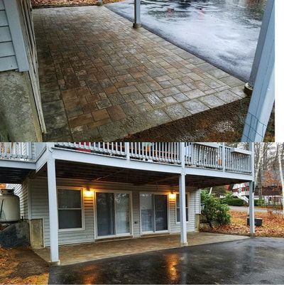 A collage shows a newly installed stone paver patio beneath a two-story home deck and sliding glass doors.