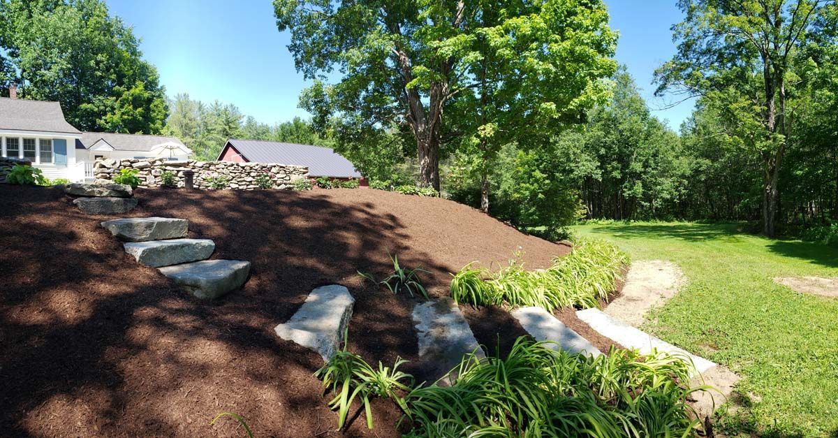 A landscaped hillside with stone stairs leading down to a green lawn, surrounded by mulch, shrubs, and trees.