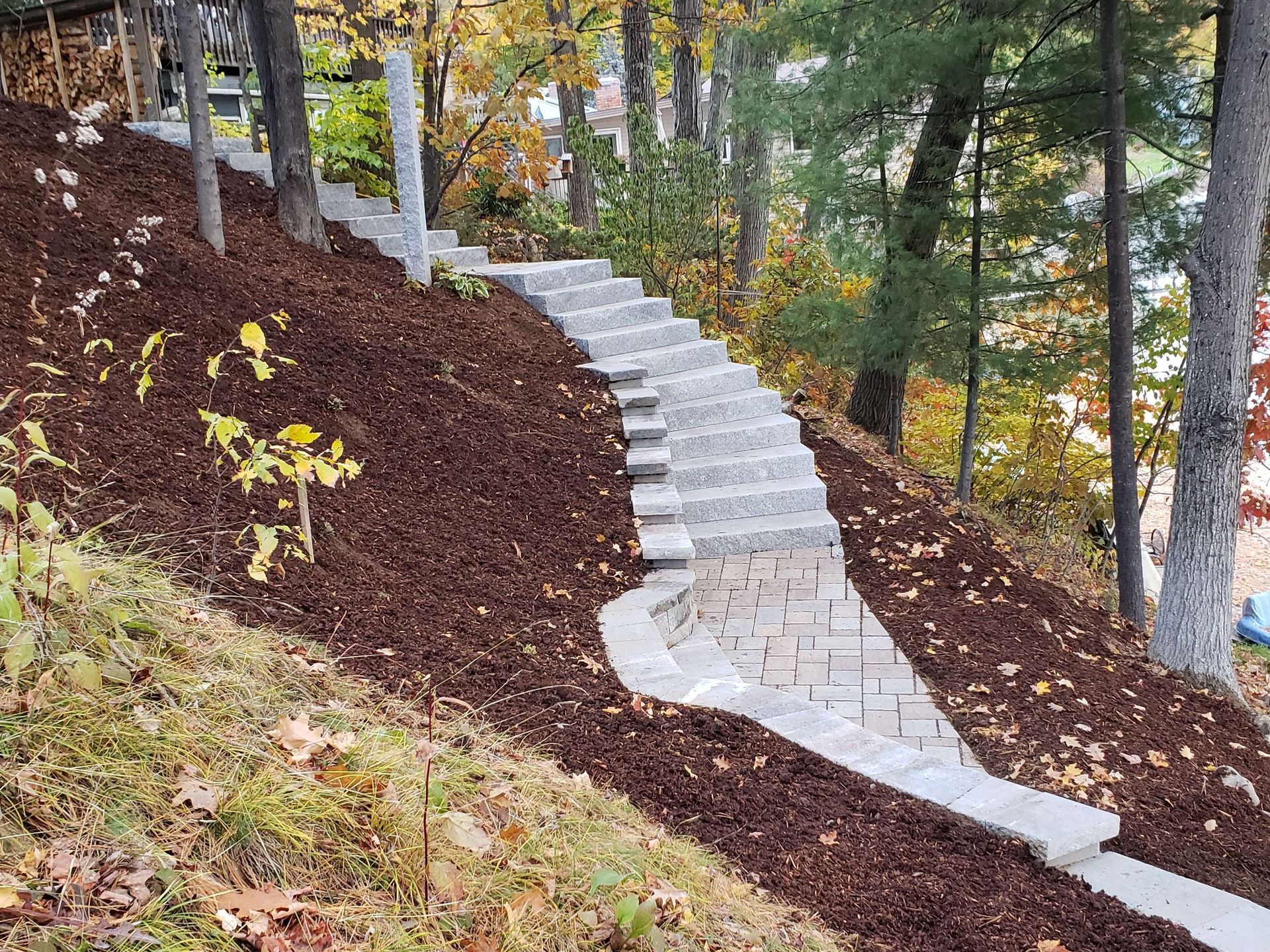 Concrete stairs with stone steps wind down a steep, mulched, wooded hillside surrounded by autumn trees.