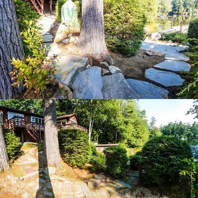 Split image of a stone pathway leading toward a house through a lush, green woodland landscape.