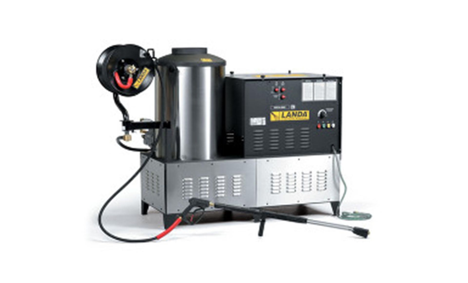 A machine with a hose attached to it on a white background.