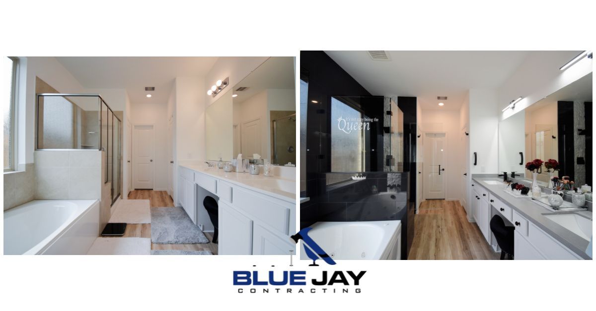 Bathroom renovation before and after: white, modern, with bathtub, shower, and vanity. The right side is black and gray.