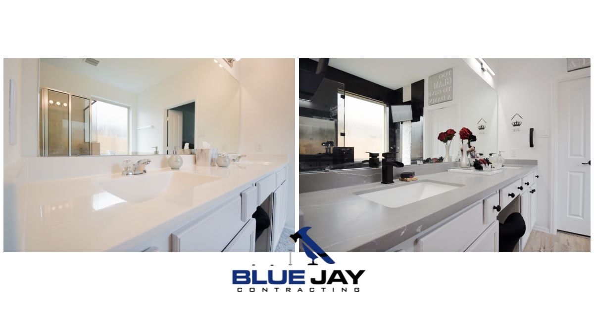 Bathroom with white cabinets, countertop, and large mirror.