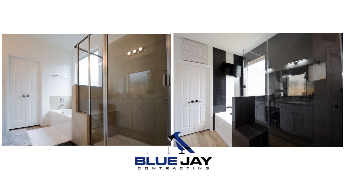 Bathroom renovation showcasing a white bathtub, glass shower, and dark vanity.