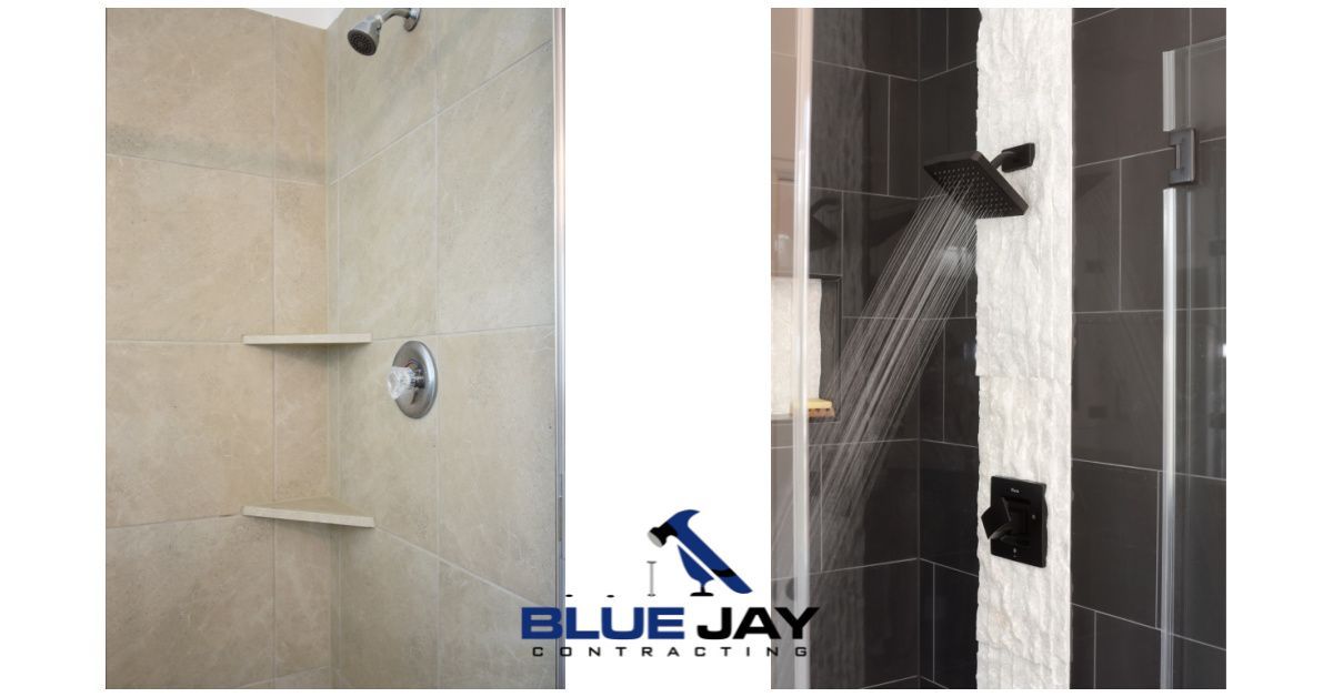Two shower interiors: beige-tiled and black-tiled with showerheads, faucets, and shelves.