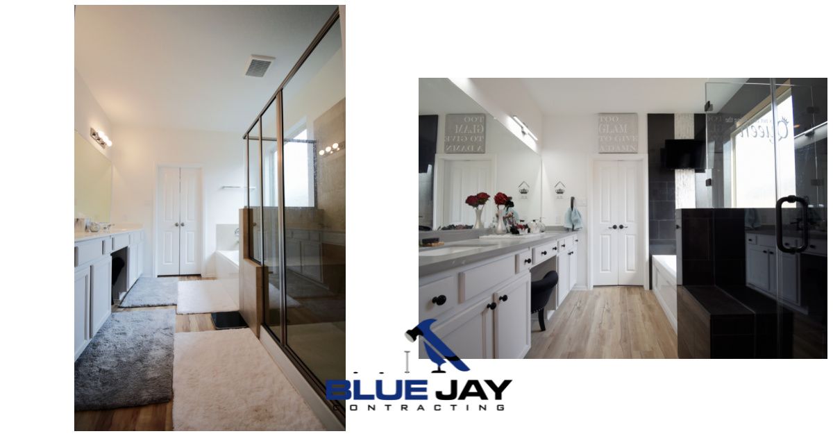 Two photos of a modern bathroom, one with a glass shower and the other with a vanity and laundry area.