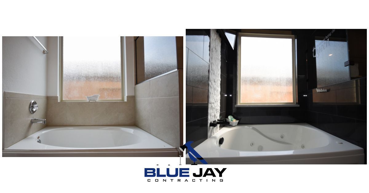 Bathroom remodel comparison: before (light beige tub) and after (darker, modern tub).